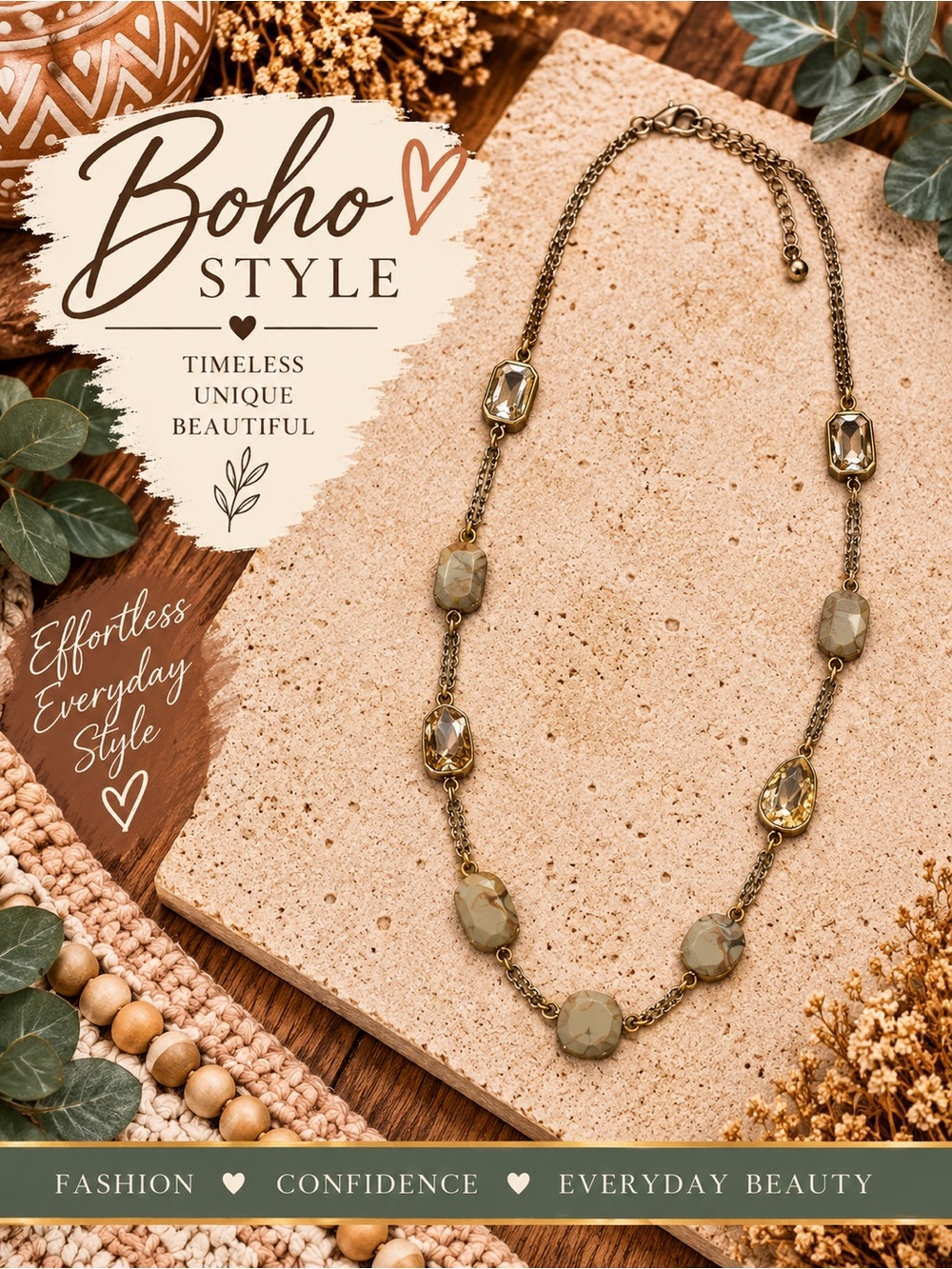 779 Erica Lyons Olive Green and Gold Tone Beaded Necklace